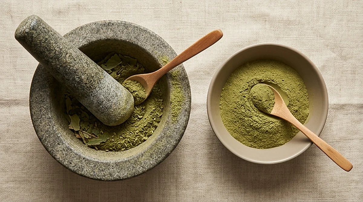dried kratom leaf and powder bowl Dried kratom leaf beside a ceramic bowl of fine green powder