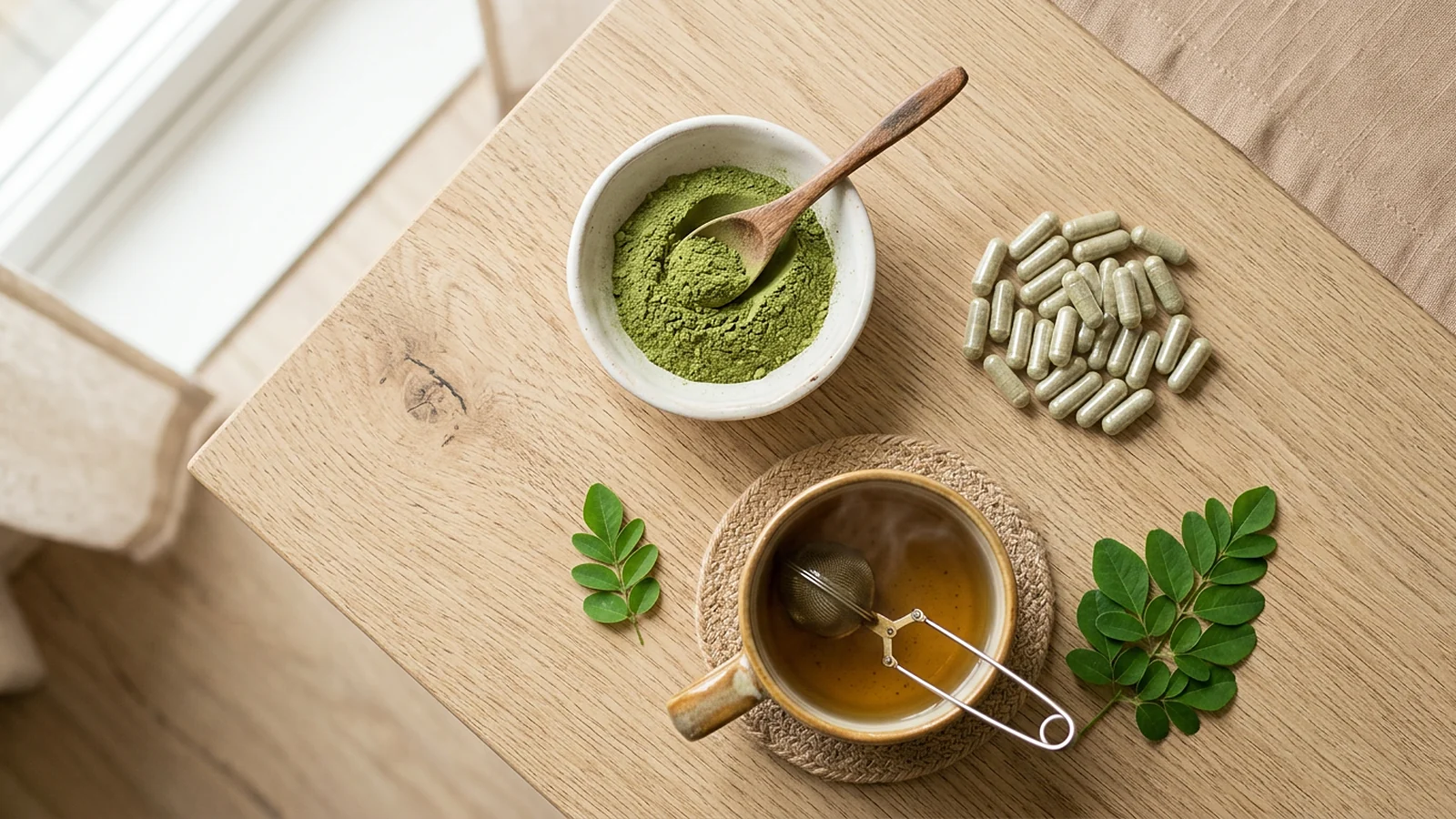 How to take kratom: green leaf powder in a bowl, vegetable capsules and a cup of tea on a wooden table