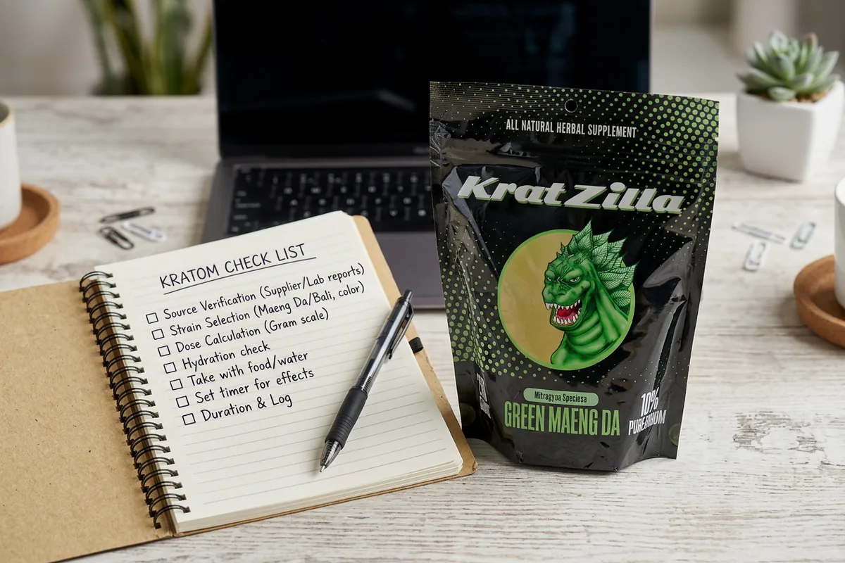 Desk with a notebook and a sealed pouch for a kratom beginner's checklist