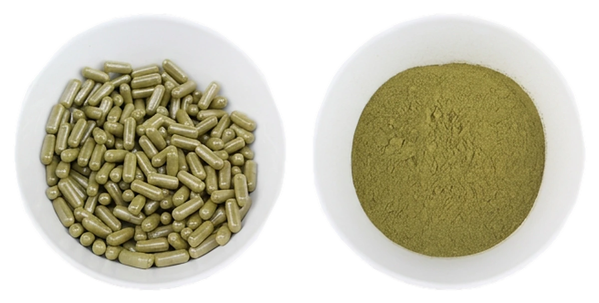 kratom capsules and powder Vegetable capsules and loose powder side by side in ceramic dishes