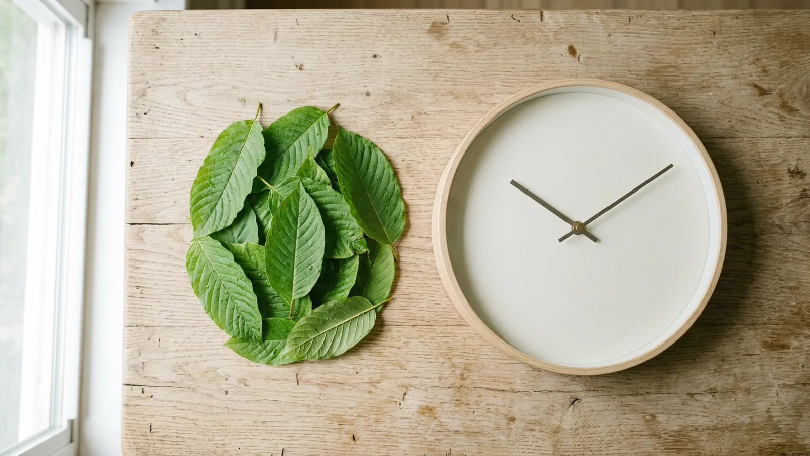 kratom detection time How long does kratom stay in your system: green kratom leaves beside a simple analog clock