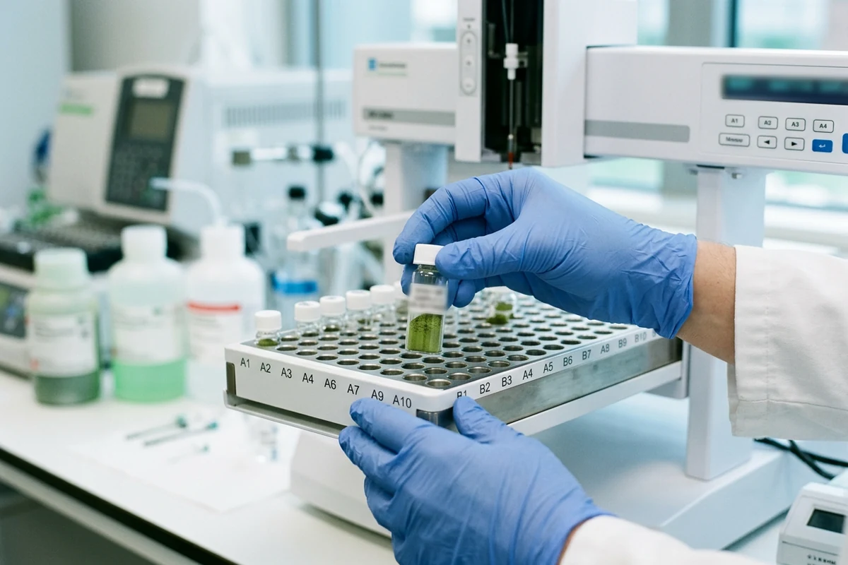 Lab technician preparing a botanical sample for third-party testing