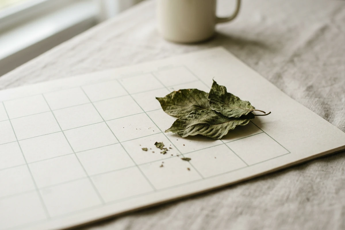 kratom-leaf-calendar Dried kratom leaves resting on a blank paper desk calendar