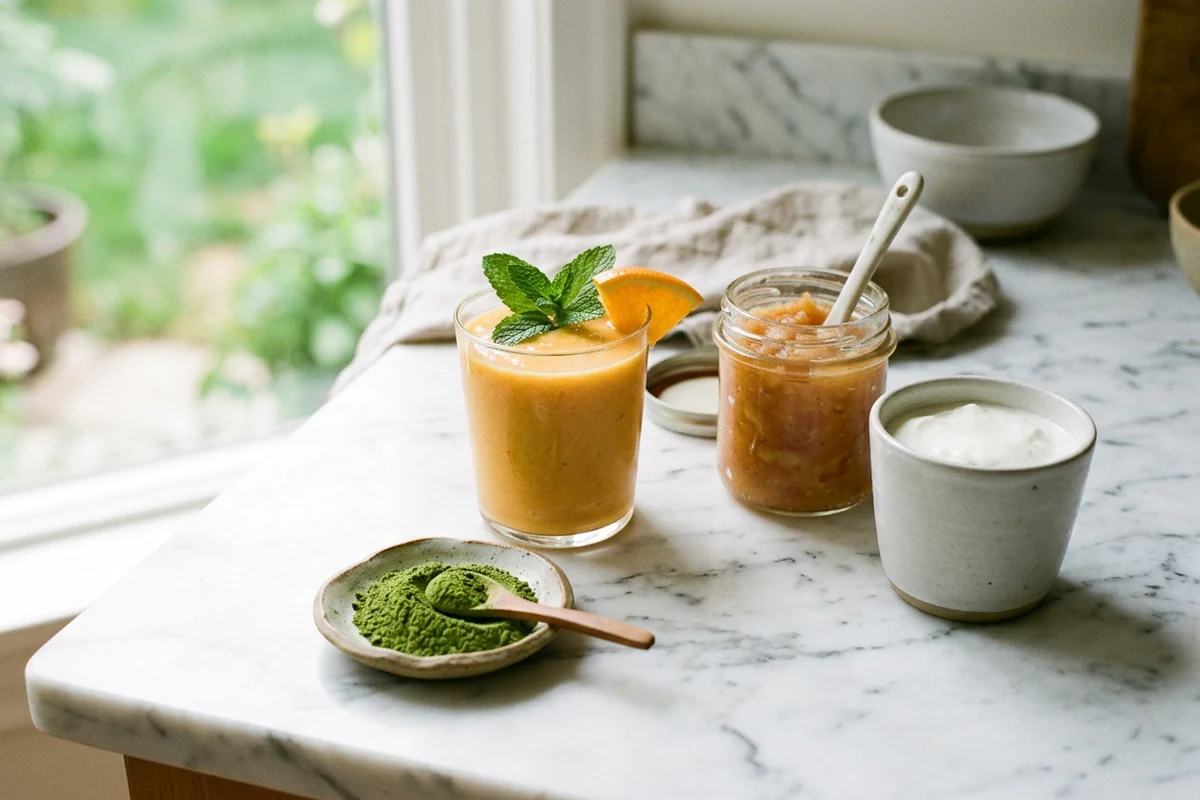 Green kratom powder beside an orange smoothie, a jar of applesauce and a cup of yogurt