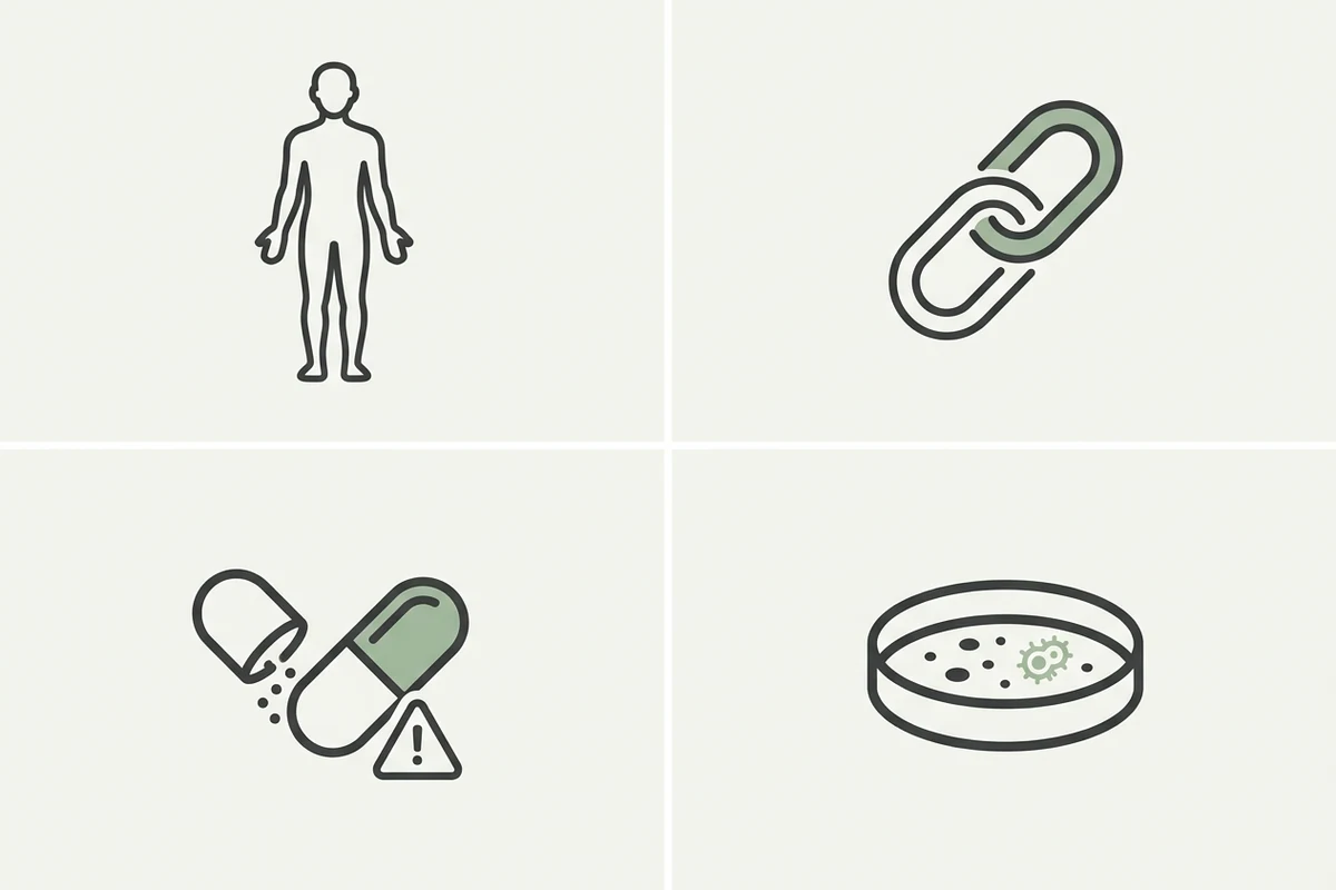 Icons representing kratom topics: liver health, dependence, medication interactions and contamination