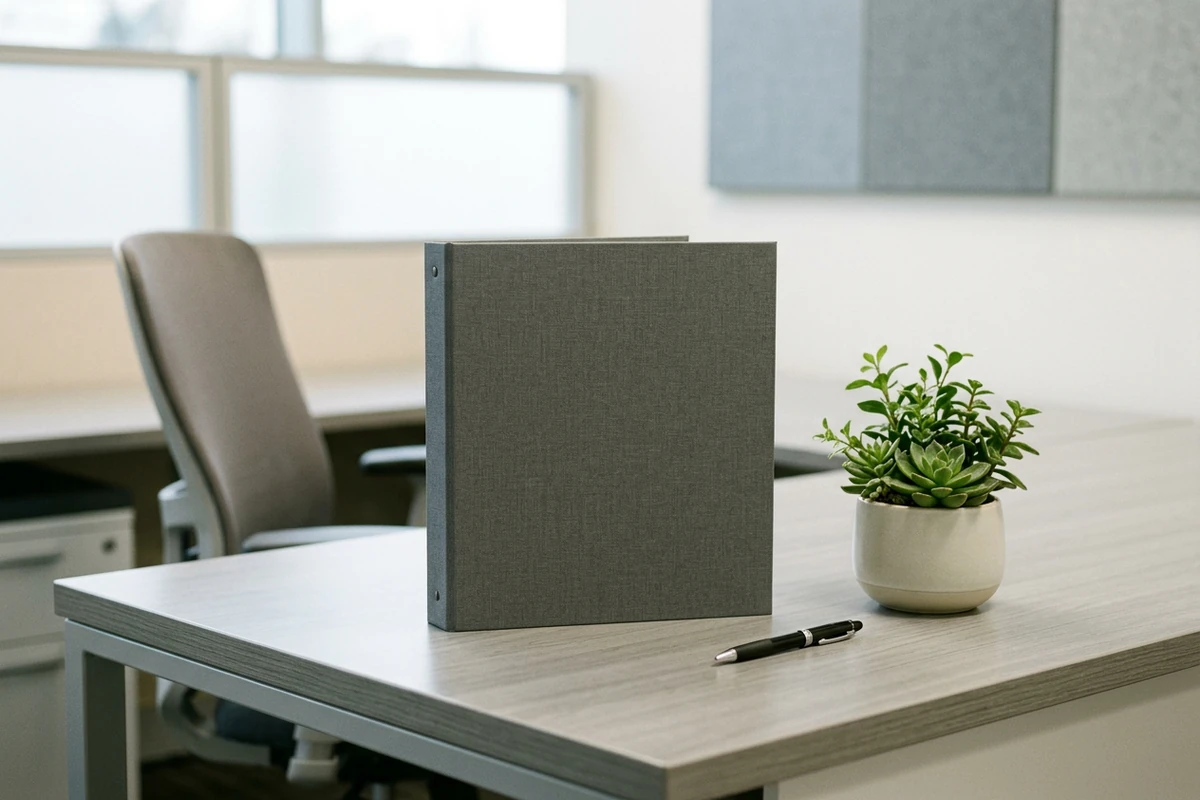 kratom-workplace-policy-desk Tidy office desk with a closed binder, a pen and a small potted green plant