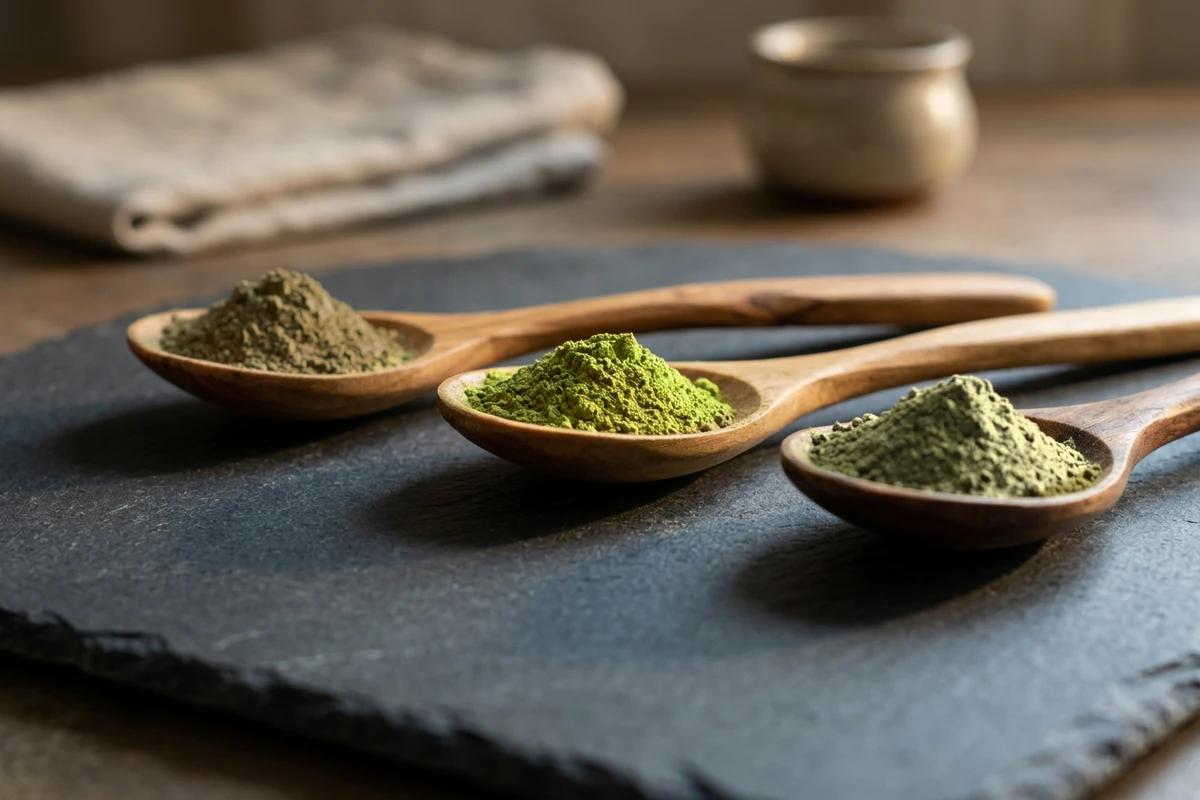 maeng da red green white powder Red, green and white Maeng Da kratom powder side by side on wooden spoons.