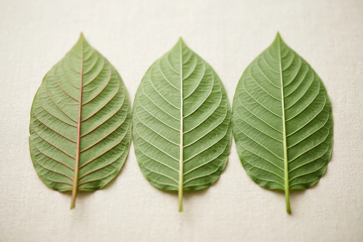 maeng da vein colors leaves Three kratom leaves showing red, white and green vein colors.